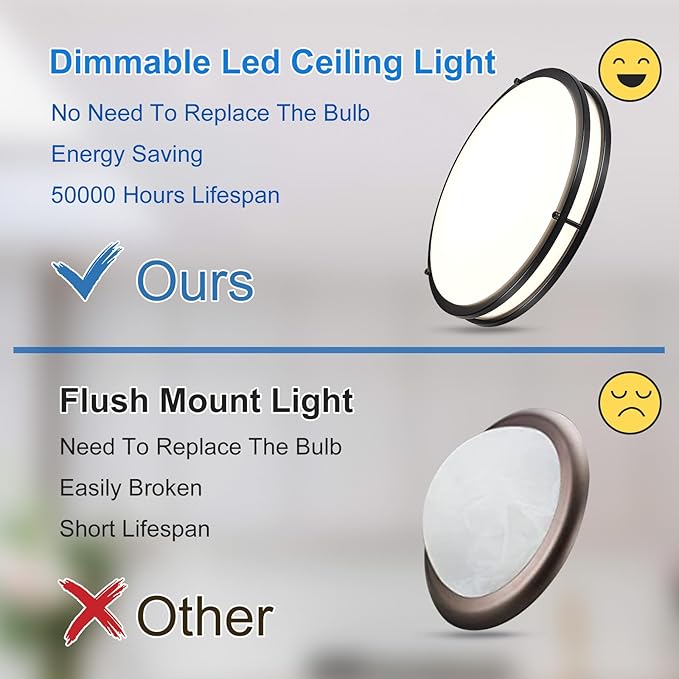 DLLT Flush Mount LED Ceiling Light: 16 Inch 5CCT (3000K-6000K) & Dimmable Ceiling Light Fixtures for Bedroom Hallway - 36W Modern Black Super Bright Kitchen Lighting Fixtures Ceiling