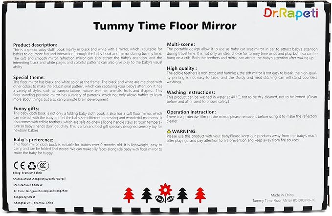 Dr.Rapeti Tummy Time Floor Mirror for Baby Infant Toddler Kids Black and White High Contrast Baby Toy with Teethers Floor Activity Toy Washable Non-Toxic
