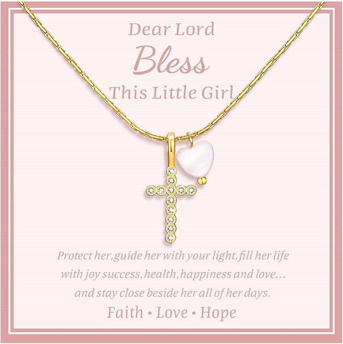 Delicate Cross Necklace for Girls : Gold Plated Pearl Heart Cubic Zirconia Cross Chain Necklace Christening Jewelry Baptism First Communion Confirmation Easter Gifts Teen Kids Little Girl
