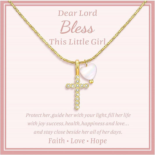 Delicate Cross Necklace for Girls : Gold Plated Pearl Heart Cubic Zirconia Cross Chain Necklace Christening Jewelry Baptism First Communion Confirmation Easter Gifts Teen Kids Little Girl