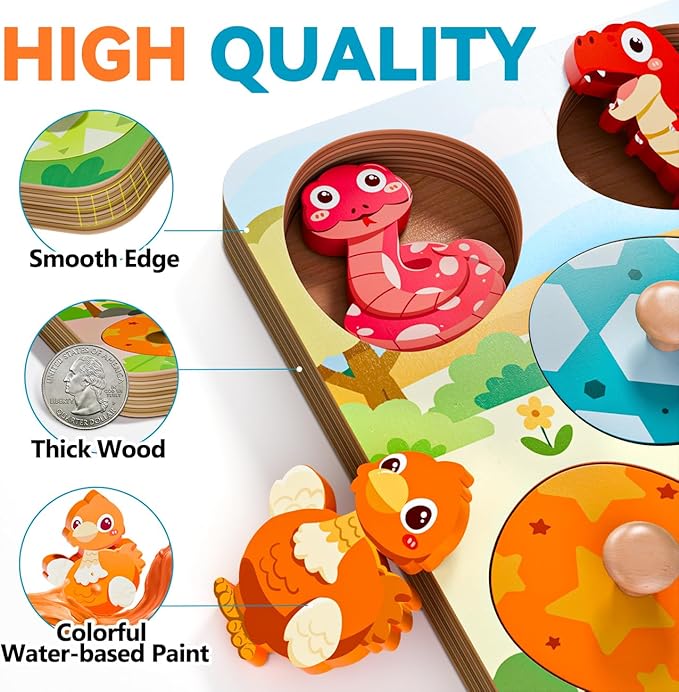 Wooden Puzzles for Toddlers 1-3, Baby Puzzle 12-18 Months, Montessori Toys for 1 2 Year Old Boys Girls Birthday Gifts, Animal Peg Puzzles for Toddlers Ages 2-4, Preschool Learning Activities