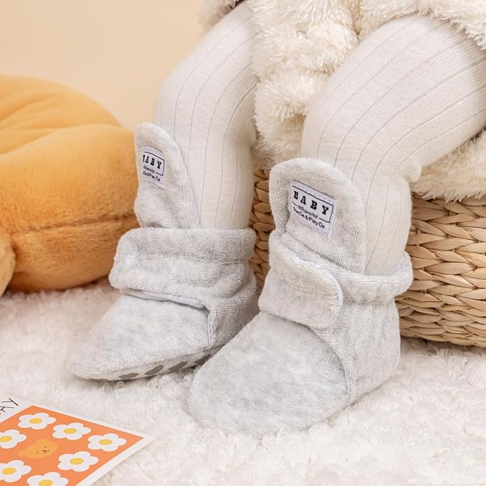 Sawimlgy Newborn Infant Baby Girl Boy Cotton Booties Stay On Sock Slippers Soft Bedroom Shoes Non-Skid Ankle Boots With Grippers Toddler Crib Warm Shoe First Walker Birthday Shower