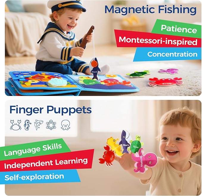 evoceler Busy Book, Busy Board with Fishing Game & Coloring Page, Montessori Toys for Toddlers 18 Months+, Quiet Airplane Travel Toy, Sensory Learning Toy for Toddlers 2-5, Girls Boys Birthday Gift