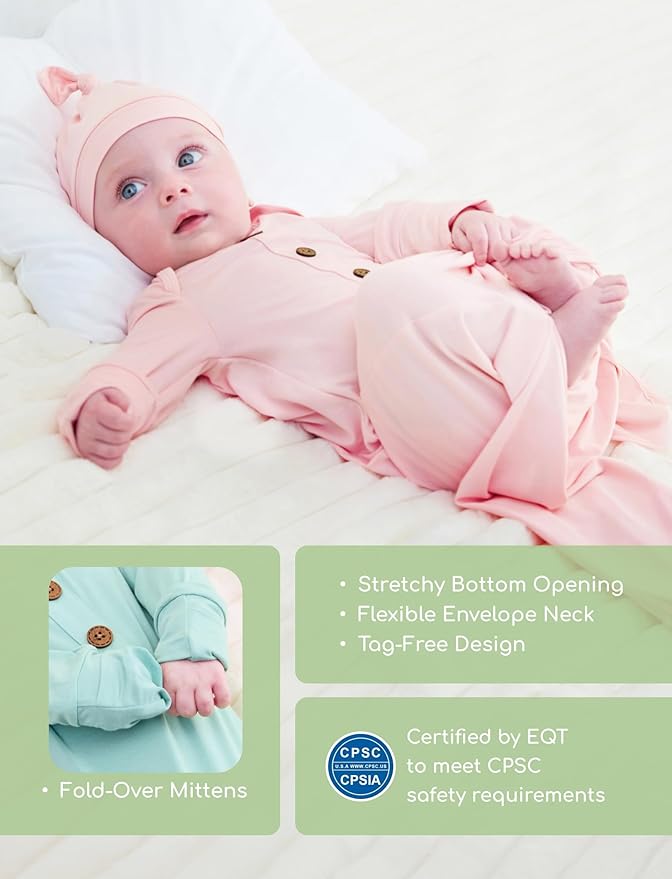 PATPAT Baby Sleeper Gown with Bamboo Viscose for Newborn Girls Boys, Knotted Nightgown with Mittens for Infant Home Coming