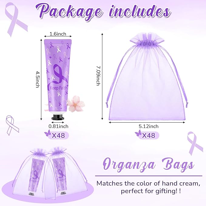 48 Sets Baby Shower Hand Cream Bulk Purple Ribbon Awareness Baby Shower Favors Bridal Thank You Hand Cream for Guests Travel Size Lotion with Organza Bags