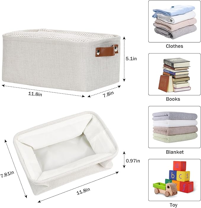 HNZIGE Fabric Storage Baskets for Organizing Small Storage Baskets for Shelf,6 Pack Shelf Baskets for Storage with Leather Handles, Foldable Baskets for Organizing Clothes(Cream 11.8" x 7.8" x 5.1")