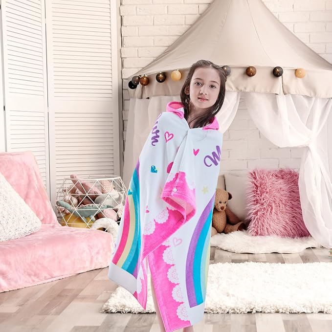 VOOVA & MOVAS Kids Towels with Hood Age 3-10, 30''X50, Soft | Thick | 100% Cotton | Absorbent | Large Wrap| Cover Up, Perfect for Beach, Pool, Bath, Swim, White Magic Unicorn