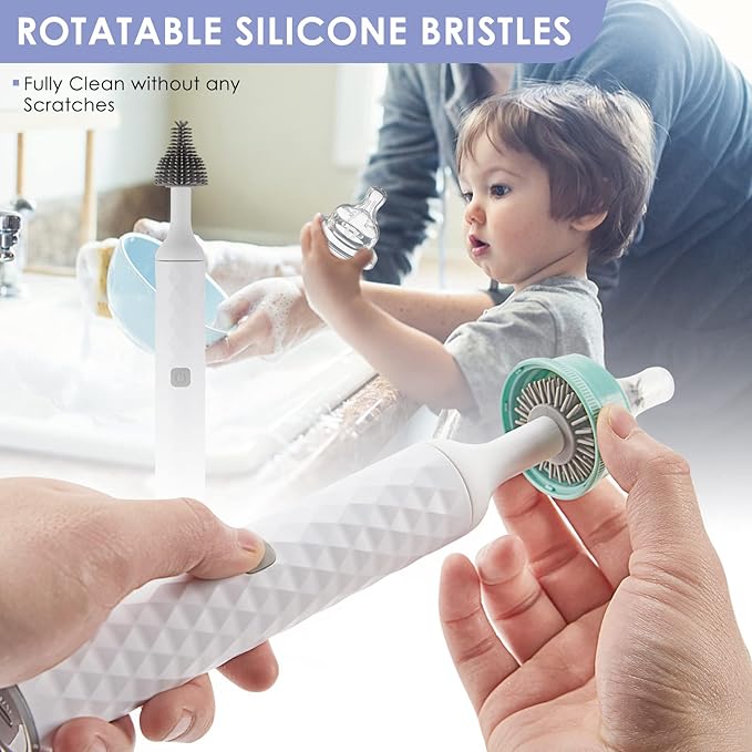 Electric Baby Bottle Brush Set with Electric Bottle Brush and Silicone Bottle/Nipple Brush, Long Straw Cleaner, Rechargeable Bottle Cleaner Electric,Waterproof Water Bottle Cleaner,White
