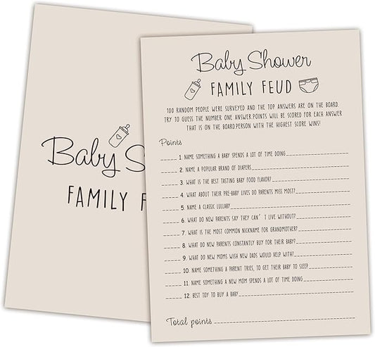 Baby Shower Family Feud Game - 30 Cards, Answer Key, Gender Neutral Decorations for Boy & Girl - Light Brown