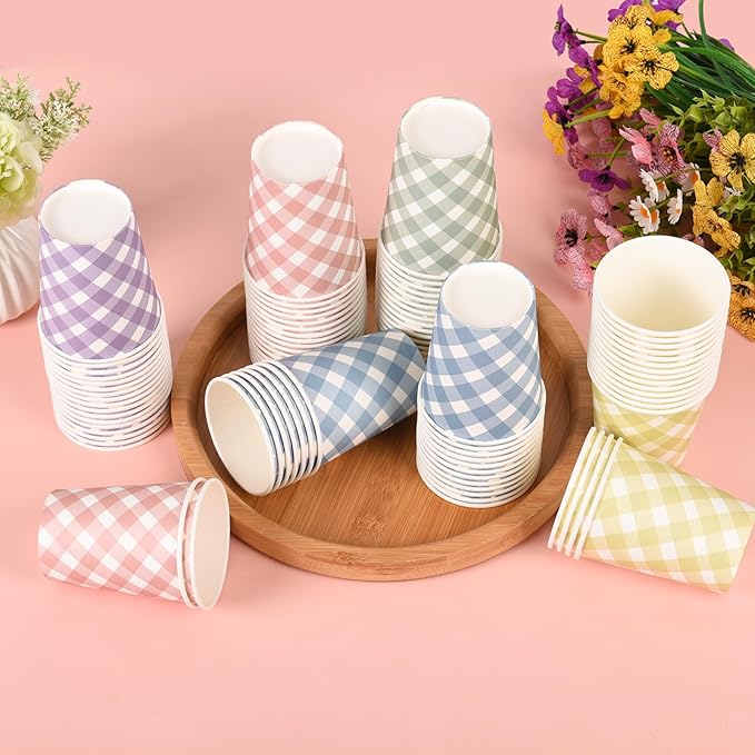 100pcs 9 oz gingham party Paper cups, 5 Colors Disposable Plaid Paper Checkered Cups for Wedding Birthday Party, Travel, Baby Shower Picnic