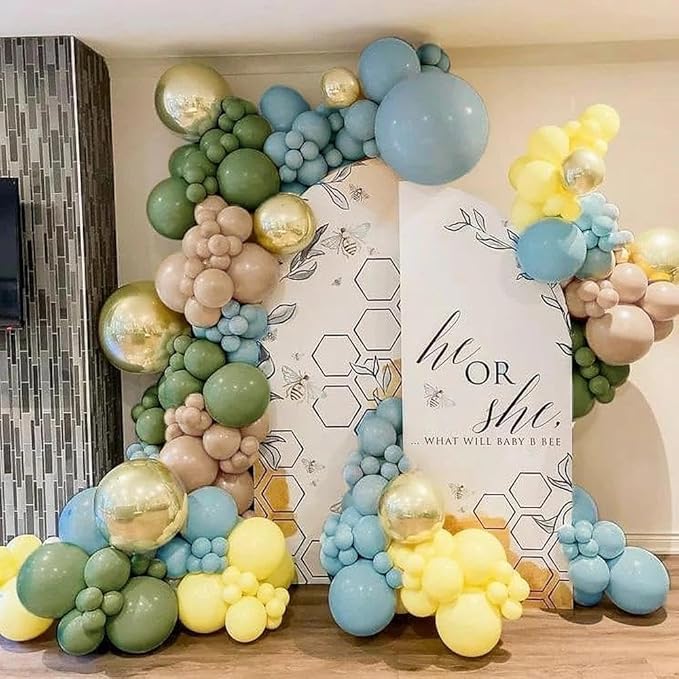 Blue Yellow Green Balloon Garland Double Stuffed Sage Green Dusty Blue Yellow Gold Balloons Pastel Balloon Arch Kit for Bear Baby Shower Wild One Birthday Wedding Anniversary Party Decorations