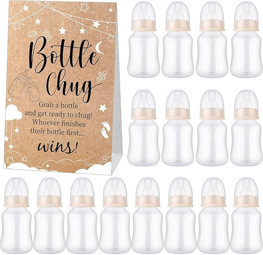 TrelaCo Bottle Chug Baby Shower Game 20 Pcs Baby Bottles Shower Favor with 1 Kraft Theme Sign for Gender Reveal Party Supplies Gifts(Beige)