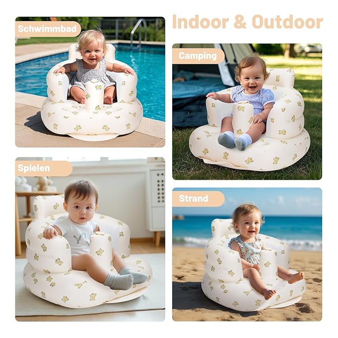 Inflatable Baby Seat, Inflatable Baby Chair for Babies 3 Months and Up Summer Baby Inflatable Seat for Sitting Up, Blow Up Baby Floor Seat with Built in Air Pump, Bear