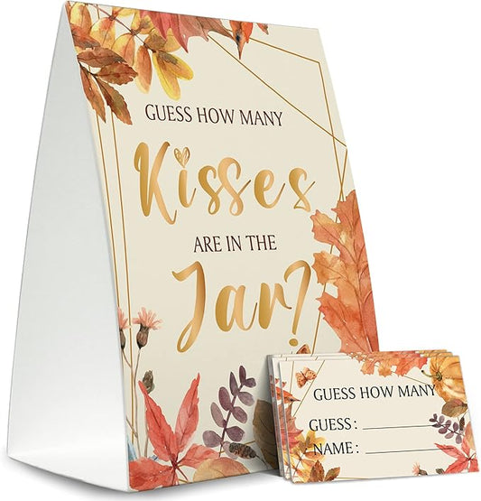 Fall Guess How Many Kisses Are in the Jar (1 Standing Sign + 50 Guessing Cards),Pumpkin Halloween,Bridal Shower Sign,Baby Shower Sign - QJ16