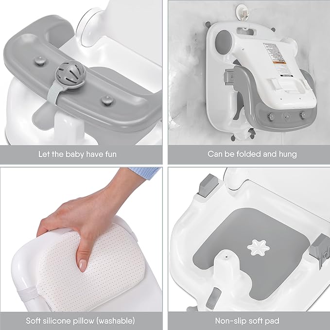Baby Bath Seat with Sitting & Lying 2 Modes, 3-Speed Adjustment, Powerful Suction Cups, Infant Bathtub Chair with Washable Pillow, Folding and Hanging