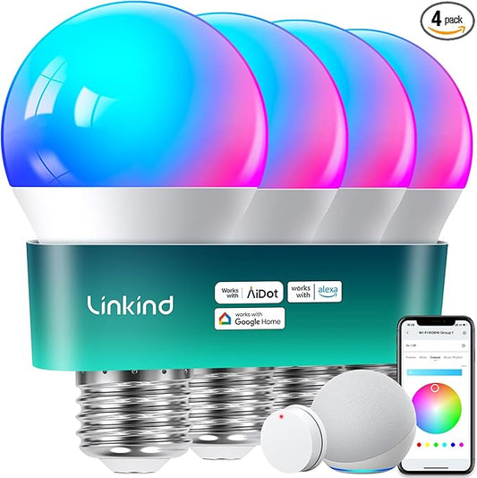 Linkind Smart Light Bulbs with Remote Control, Smart Bulb That Work with Alexa & Google Home, 16 Million Color Changing Light Bulbs 60W, A19 E26 2.4Ghz WiFi Light Dimmable,1800K-6500K,800lm 4 Pack