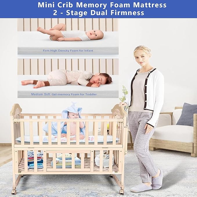 Portable Mini Baby Crib 4 in 1 Convertible with Memory Foam Mattress(38" by24) Included,cunas para Bebes 2025 Small Crib with Foldable Storage Baby Playpen Bedside Sleeper Beds(Natural Wood)