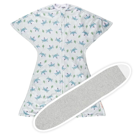 SleepingBaby Zipadee-Zip Transition Swaddle (Happy Wolf, Small for 4-8 Months) and Snuggle Strap (Grey, One Size) - Wearable Baby Blanket and Accessory for Easy Diaper Changes - Polyester, Spandex