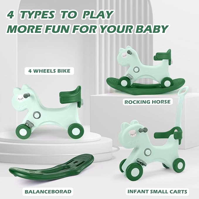 4 in 1 Rocking Horse for Toddlers 1-3 Years Old, Baby Rocking Toy Fun Birthday Gift for 1+ Kids, Ride on Toy with Detachable Balance Board and Footrest，Balance Bike with Push Handle