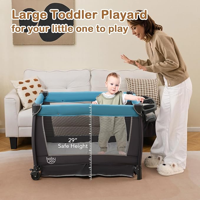 HONEY JOY Pack and Play, 5 in 1 Portable Infant Playpen with Bassinet & Changing Table, Storage Bag, Music Box, Toys, Carry Bag, Nursery Center, Baby Playard Pack n Play Crib for Boys Girls
