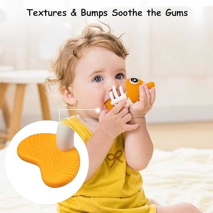 Mombella Clownfish Teethers for Babies 3-6 Months, Baby Teething Toys 6-12 Months with Lanyard to Attach on, Silicone Tether with Different Textures to Gnaw, Ergonomic for Little Hands, Saffron