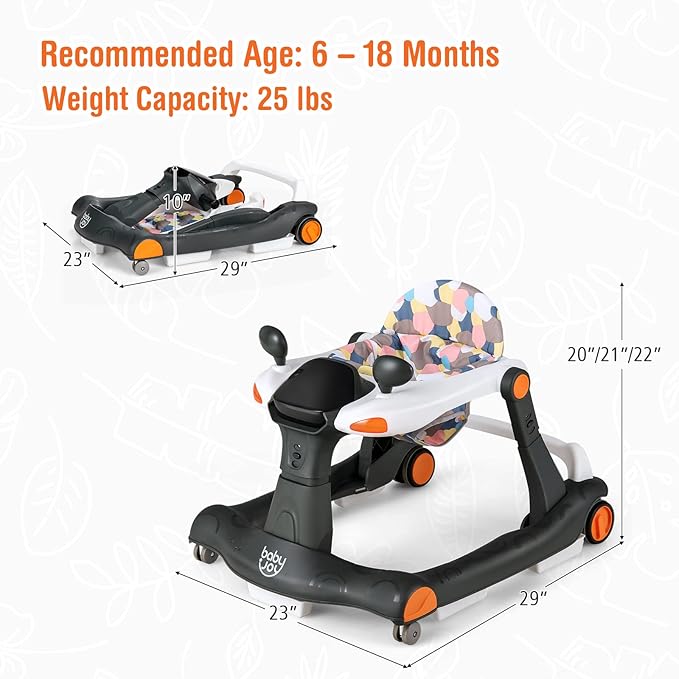 BABY JOY 2 in 1 Baby Walker, Foldable Activity Walker with Adjustable Height & Speed, Music, Lights, Mirrors, Padded Seat Cushion, Activity Baby Push Walker for Toddler Boys Girls, Ages 6-18 Months