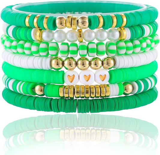 Friendship Bracelets Trendy Heishi Clay Bead Bracelets Stack Gold Beaded Stretch Bracelets for Women Boho Stackable Bracelets Bulk Cute Preppy Jewelry