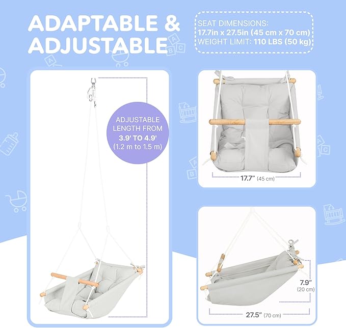 CaTeam Canvas Toddler Swing – Indoor/Outdoor Hanging Chair for Patio & Playroom with Safety Belt – Wooden Baby Seat for Ages 12+ Months – Gray