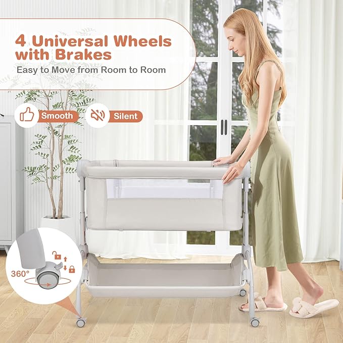 BABY JOY Baby Bassinet, 3-in-1 Rocking Bassinet w/Storage Basket, Double-Lock Design, 7 Adjustable Heights, Soft Mattress & Portable Travel Bag, Bassinet Bedside Sleeper for Newborns Infants (Beige)