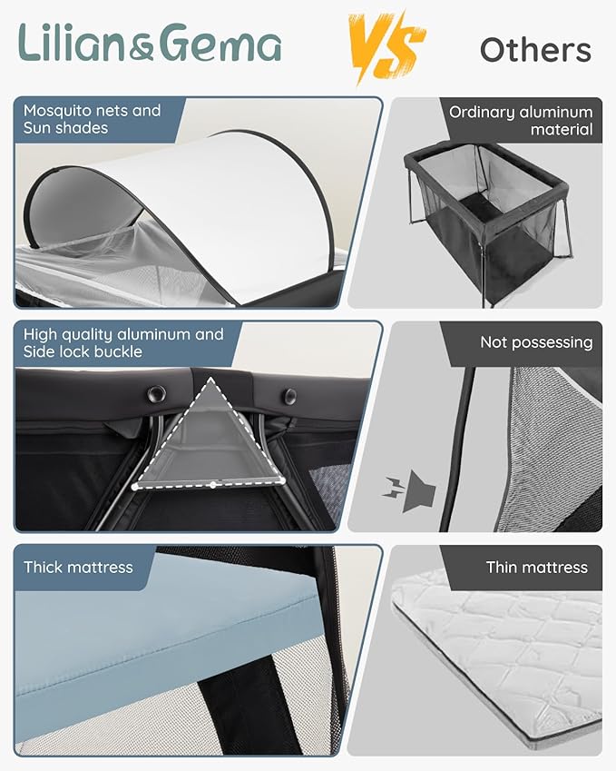 Lilian&Gema 2-in-1 Travel Crib, Portable Crib with Backpack, Lightweight Baby Travel Playpen, Foldable Play Yard with Thick Mattress for Babies & Toddlers, Baby Travel Essential