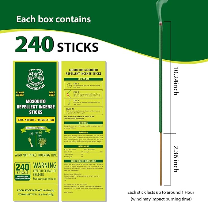KICKOUTOR® Mosquito Repellent Outdoor Patio 240 PCS Natural Citronella Incense Sticks DEET Free Lemongrass Oil Gnat Mosquito Control for Indoor Backyard Travel Camping