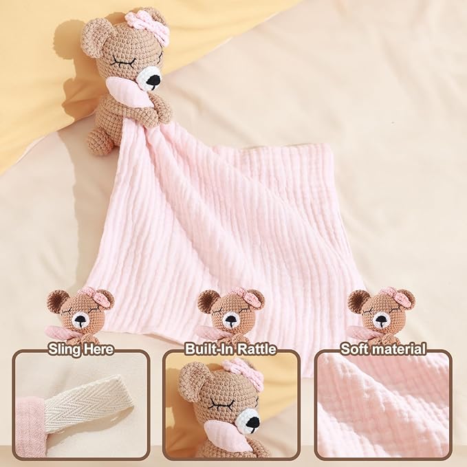 Baby Doll Blankets & Plush Teddy Bear Rattle - Perfect Newborn Girl Essential, Crochet Baby Rattles, Security Blanket, and Sleeping Toys for Babies