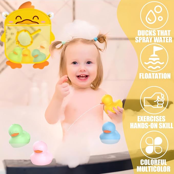No Hole Mold Free Bath Toys for Toddlers 1-3, Water Toys for 6-12 Months Infants with Storage Bag, Baby Silicone Duck Toys for Bathtub, Shower, Tub, 6-Piece Toddler Bath Toy Set Kids Boys Girls Gifts