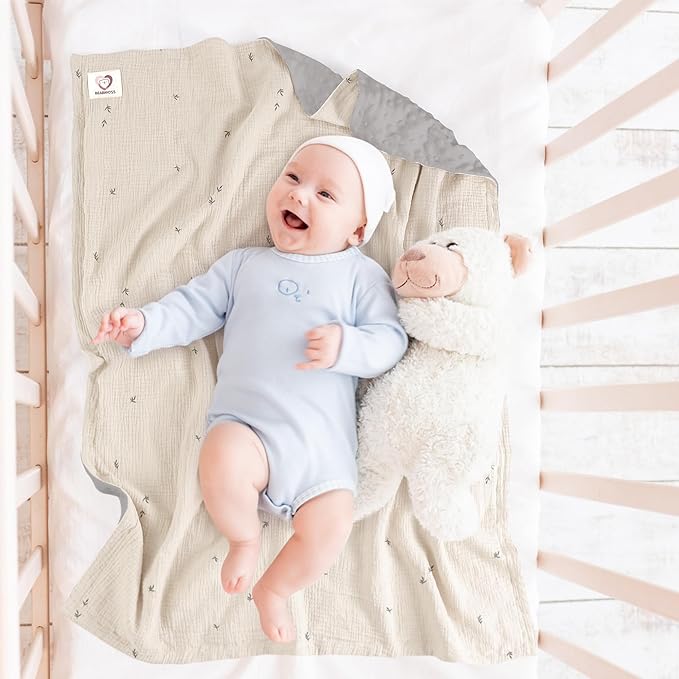 Bearmoss Baby Blankets for Unisex Boys Girls, Soft Nursery Crib Blankets with Muslin Cotton Front and Dotted Fleece Back for Newborns Toddlers 30x40inch (Cute Bud)