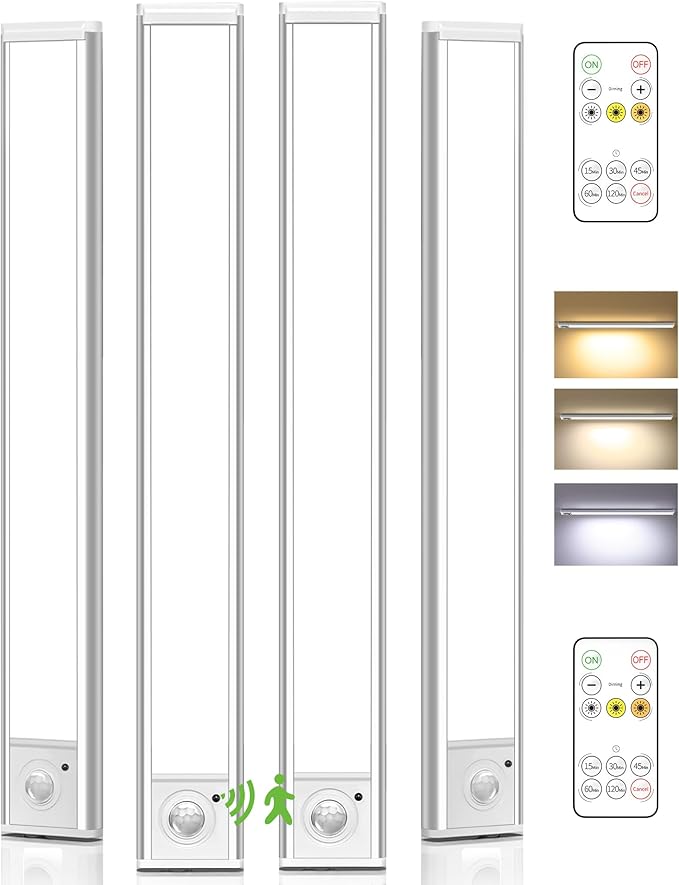 74LED Rechargeable Under Cabinet Lighting Wireless,4Pack Motion Sensor Light Indoor Battery Operated,3 Color Temps&Dimmable Closet Lights with Remote,Under Counter Lights for Kitchen,Stairs