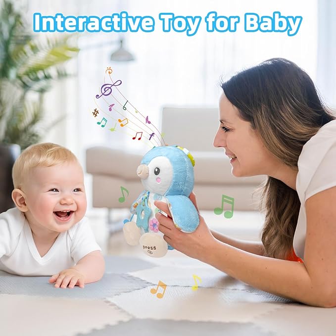 Baby Toys 0-6 Months,Musical Plush Stuffed Animal with Rattles & Crinkle Paper,Hanging Ring for Sensory Play,Tummy Time Toys for 0-12 Months Girls, Baby Girl Gift (Blue)
