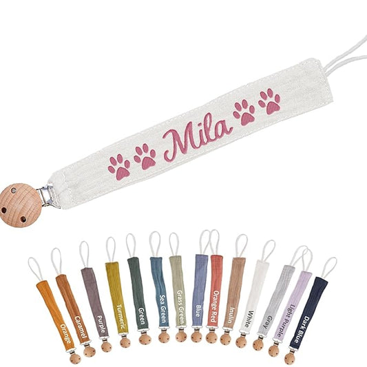 Custom Boho Pacifier Clip Holder with Embroidered Name – A Perfect Personalized Baby Baptism Gifts in Eco-Friendly Bamboo! (White)