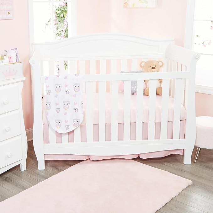 EVERYDAY KIDS 2 Pack Fitted Girls Crib Sheet, 100% Soft Breathable Cotton Baby Sheet, Fits Standard Size Crib Mattress 28in x 52in, White Nursery Sheet with Pink Owls and Hearts and a Solid Pink