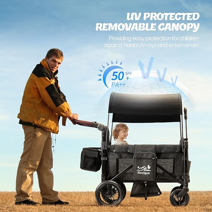 Wagon Stroller for 2 Kids,Premium Wagon for Kids with Removable Canopy,Snack Tray,All-Terrain PU Wheels & Adjustable Push/Pull Handle (Black)