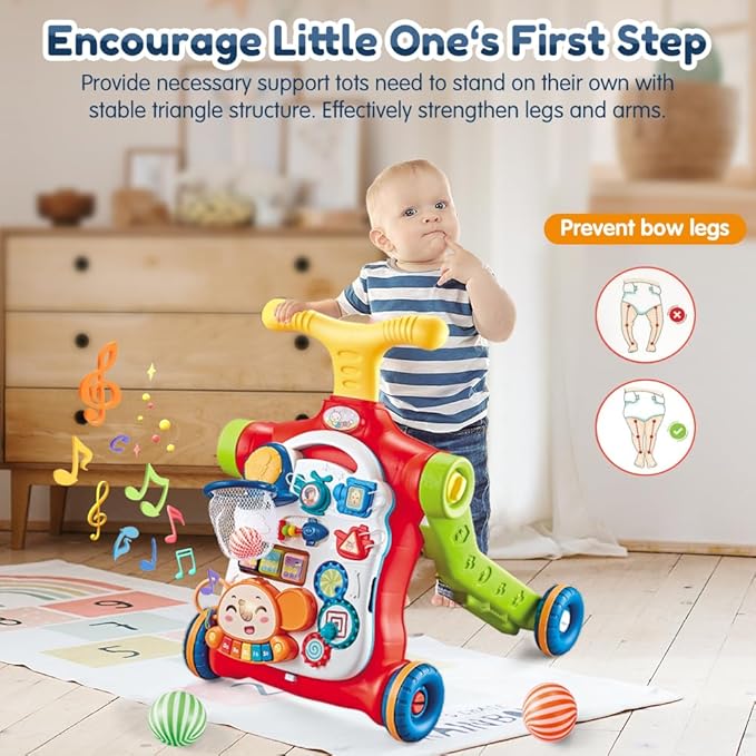 Baby Walker 5 in 1,VATOS Sit-to-Stand Learning Walker,Assemble as Scooter/Balance Bike/Push Walker/Activity Table/Detachable Panel,Push Walkers Toys with Music for Toddlers Infant Boys Girls