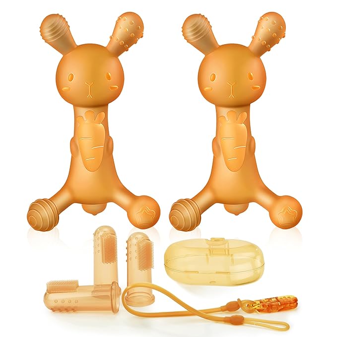 WAJIAYON Easter Bunny 2 Pack Amber Oil Baby Teething Toys for Babies,Silicone Baby teethers for Babies 3 Months+,Rabbit Freezer BPA Free Soft and Textured Chew Infant Toys Gifts for Boys and Girls