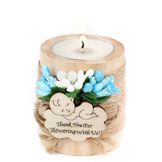 Ju's Favors Wooden Candle Holders (Set of 10), Baby Shower Favors, Boy Christening Favors, Baby Christening Party Favors for Guests.(Light brown-blue)