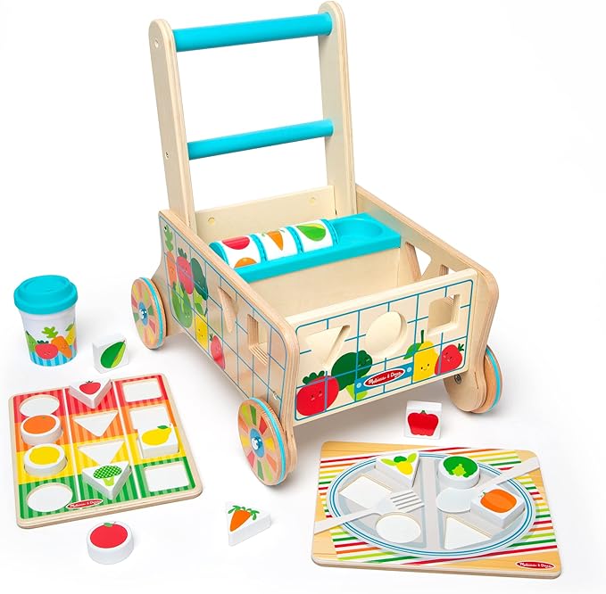 Melissa & Doug Wooden Shape Sorting Grocery Cart Push Toy and Puzzles - Pretend Play Grocery Toys, Sorting and Stacking Toys for Infants and Toddlers Ages 1+ - FSC-Certified Materials