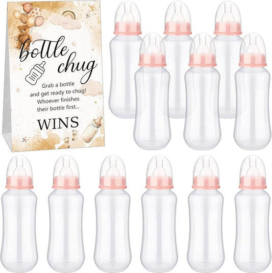 TrelaCo Cool Baby Shower Games Sets 12 Pcs Feeding Bottles with 1 Bottle Chug Sign for Gender Reveal Baby Shower Party Favors Decoration Games(Bear,Brown)
