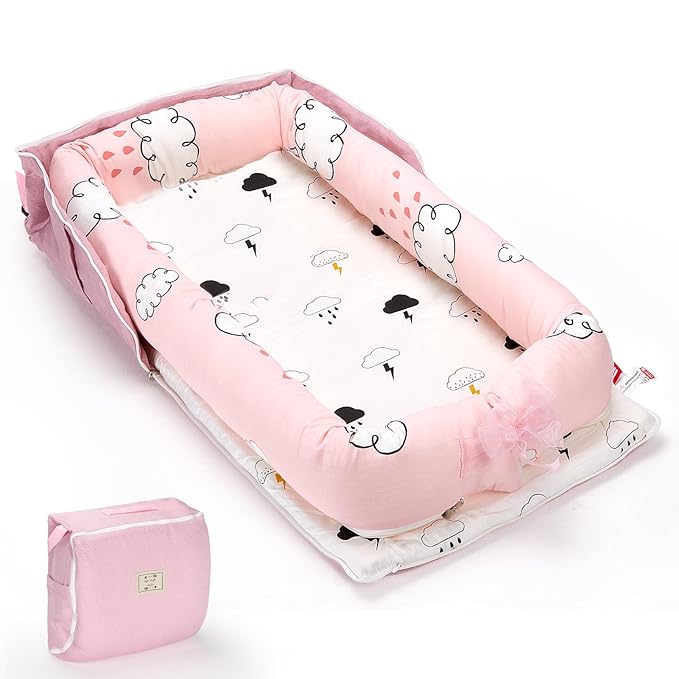 Infant Lounger, Baby Nest for Newborns, Portable Breathable Baby Lounger Adjustable U-Shaped Safety Bumper for Cozy Comfort - Raindrop Cloud