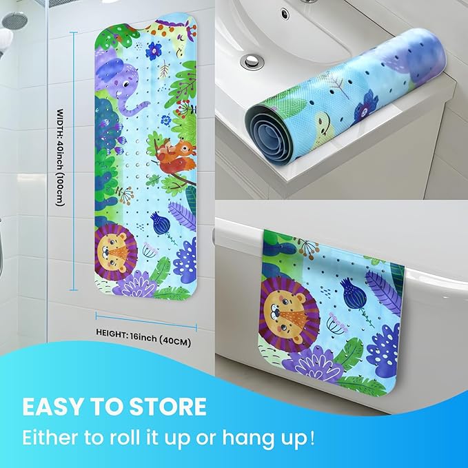Linoows Baby Bath Tub Mat, 40 x 16 Inch Extra Large Non Slip Kids Cartoon Bathtub Shower Mats with Suction Cups & Drain Holes, Machine Washable for Bathroom, Forest Animals