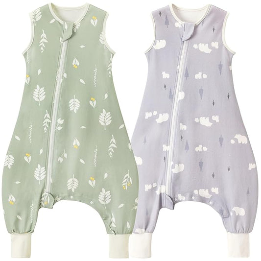 2 Pack Super Soft 0.5 TOG Sleep Sack with Legs, 100% Organic Cotton Side Open Toddler Sleep Sack with Feet, Foliage & Bear, Size L