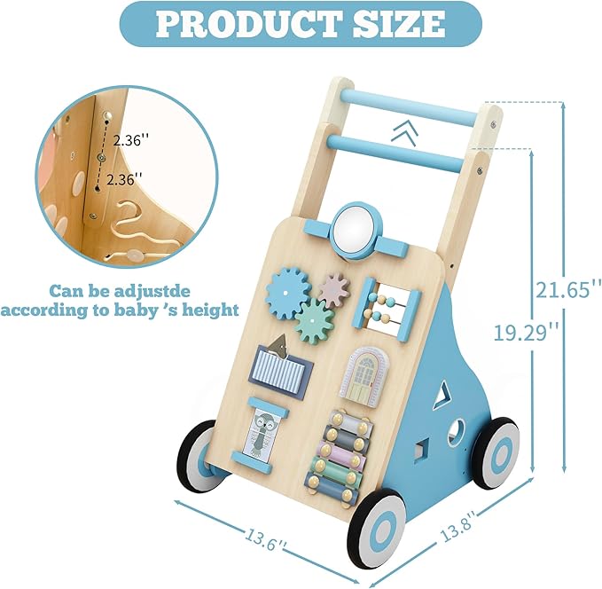 Wooden Baby Walker, Baby Push Walker Adjustable Height and Speed Multiple Learning Activity Walker Baby Walker with Wheels for Girls 6-12 Months, Blue