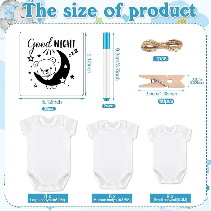 Panitay 126 Pcs Baby Shower DIY Bodysuit Set Rustic Kraft Baby Shower Game Sign DIY Bib 25 Blank White Newborn Bodysuit 25 Stencils 24 Marker 1 Sign 50 Pins for Gender Reveal(Blue Elephant)