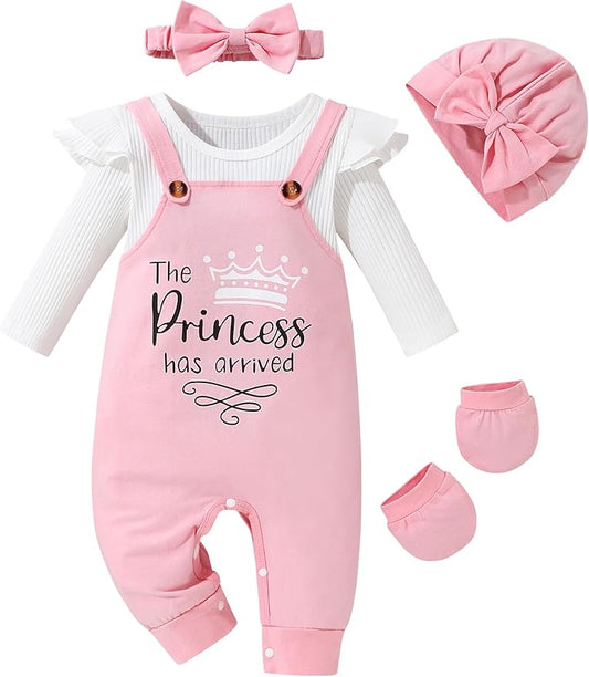 Baby Girl Clothes Patter&Letter Baby Girl Romper with Bow Hat&Headband and Gloves 4Pcs Baby Girl Coming Home Outfit